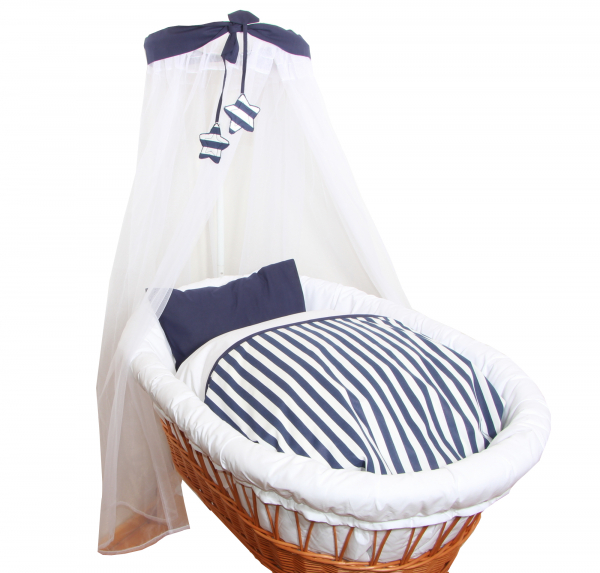 Belily-World Stubenwagen Set Blau Weiss Gestreift (Bettwäsche Set), Öko-Tex Baumwolle